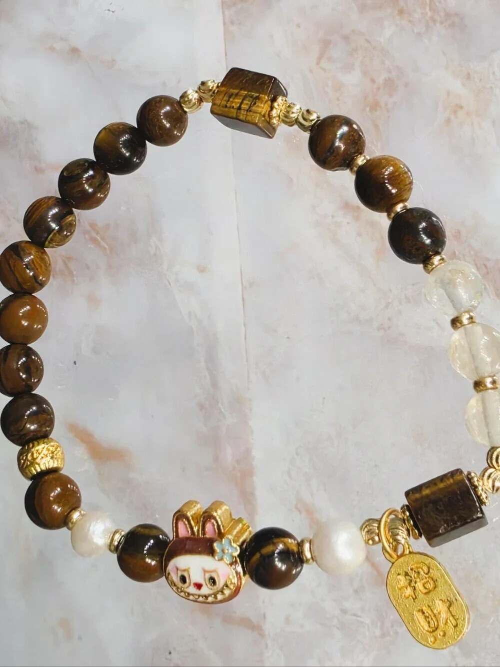 Labubu Tiger Eye Pearl Beaded Charm Bracelet Gold Tone Stretch Bracelet